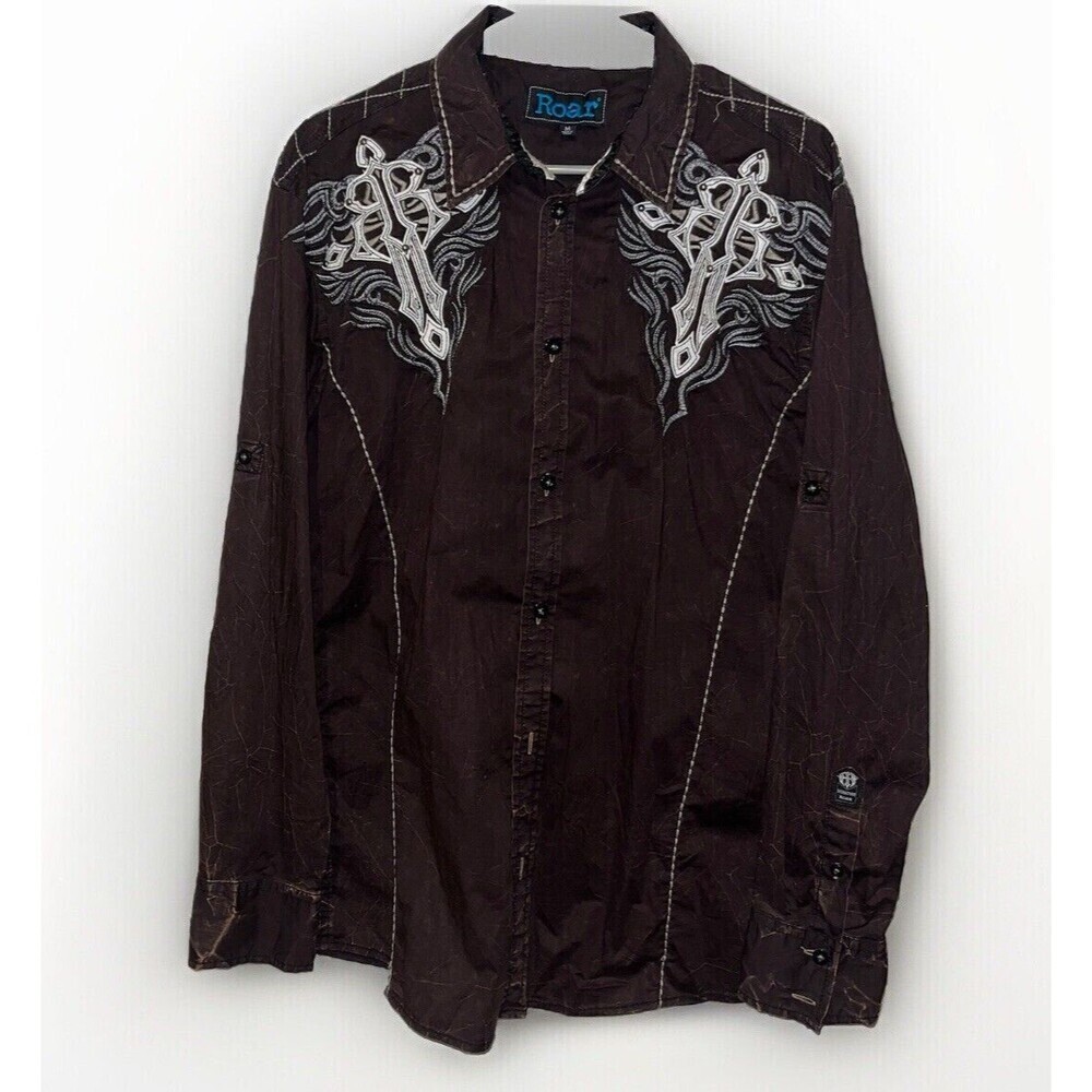 ROAR M Shirt Men Brown Button Down Biker Grunge Cross Embroidery Western Stitch